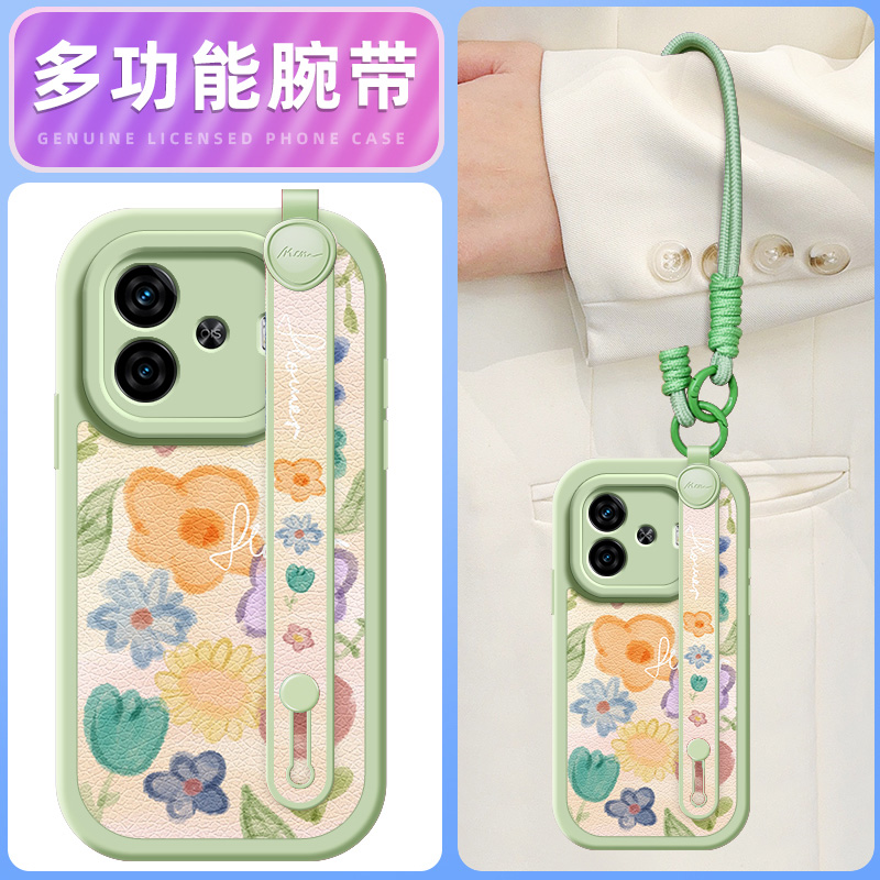 涂鸦花朵适用iqooz9turbo+手机壳vivoiqooz9小羊皮iqoo z8/z8x/z7/z7i/z6/z5/z5x新款iqoou3/u1腕带挂绳