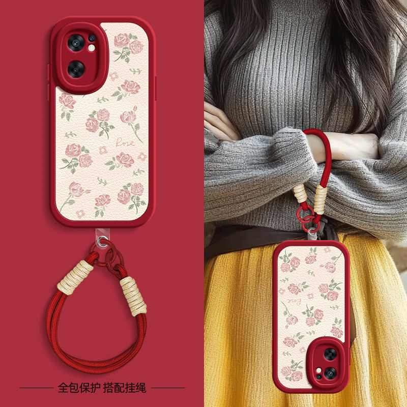 月季花适用opporeno7手机壳Reno6pro小羊皮reno5/4/3新款5K夏天斜挎挂绳可背4se女款5G软壳oppo网红硅胶