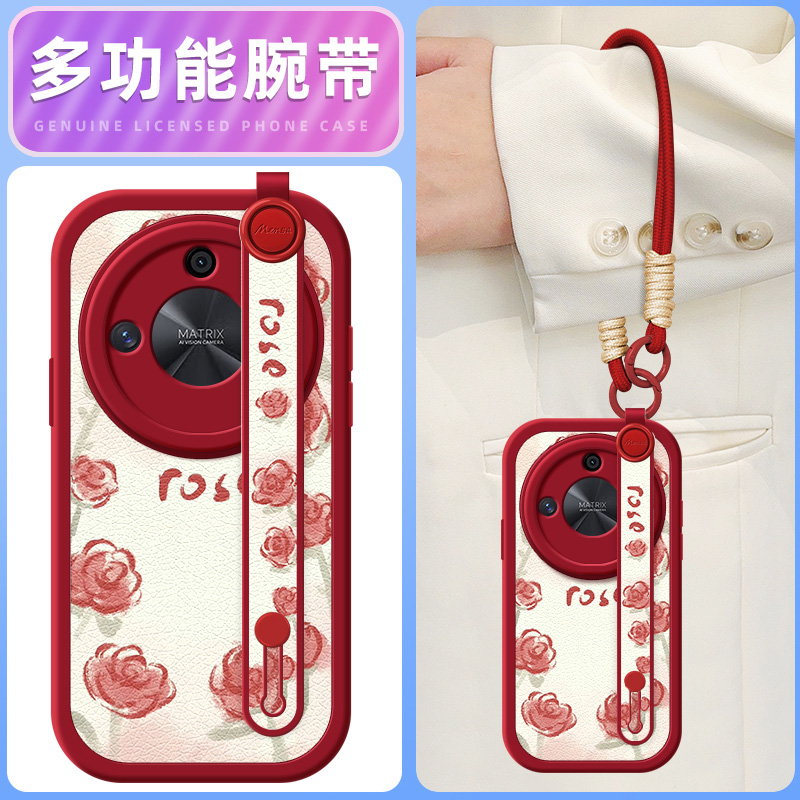 月季玫瑰适用荣耀X70手机壳华为x60pro/x50/x40i小羊皮x30i新款x50GT腕带斜挎挂绳x20/20se/x10女款9x可背8x