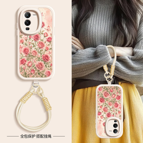 玫瑰美人适用vivos16手机壳s15pro小羊皮s12/10/9/7新款s1/s7t/9e/15e/16e夏季斜挎挂绳新年vivo女款网红硅胶