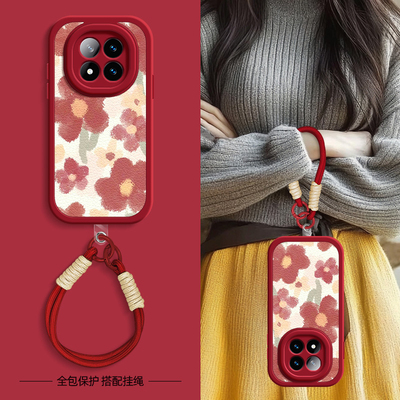 红色花瓣适用红米note15手机壳note15pro+小羊皮小米redminote15新款斜挎挂绳卡通女款