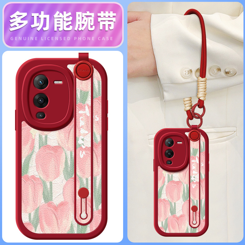 粉色花朵适用vivos16手机壳s15pro小羊皮s12/10/9/7新款s1/s7t/9e/15e/16e腕带斜挎挂绳可背vivo女款网红硅胶
