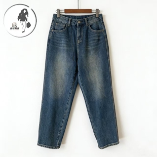6816胖佳霓裳大码 女高腰宽松休闲老爹裤 蓝色做旧水洗裤 子 牛仔裤