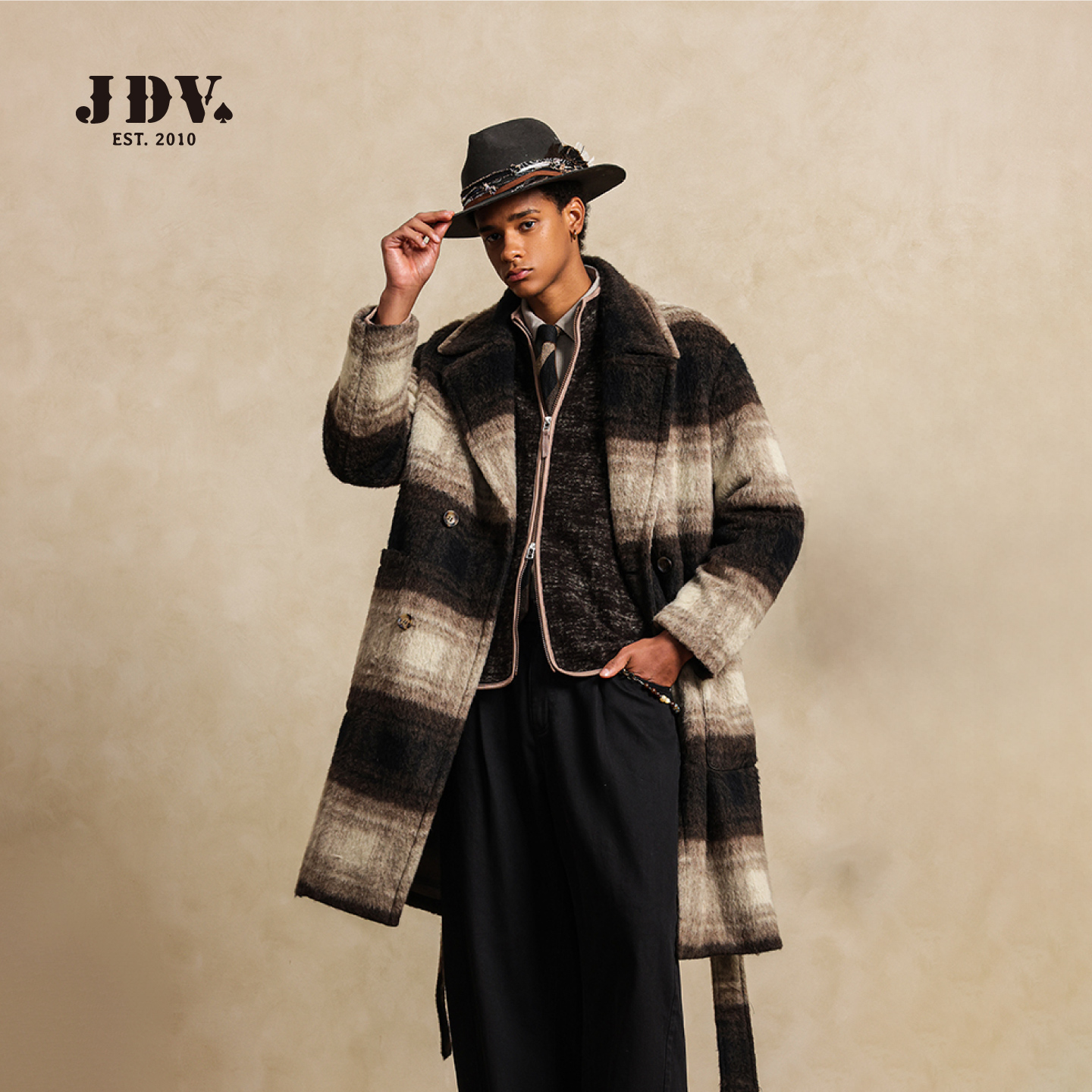 JDV撞色羊毛大衣中长款