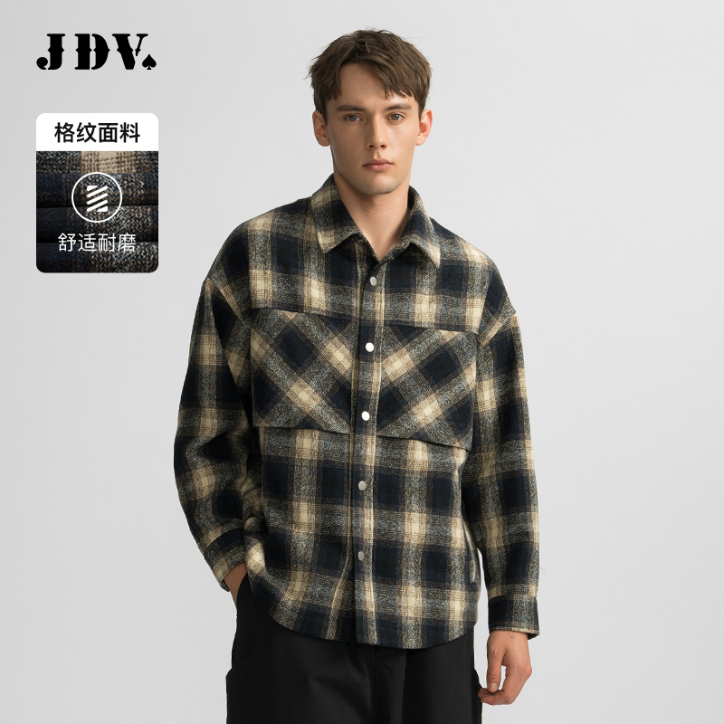 JDV藏青色格纹男士长袖夹克外套