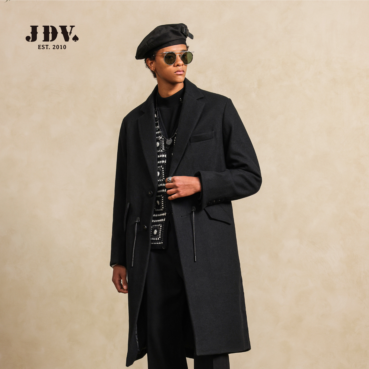 JDV商场同款黑色羊毛大衣秋冬新款英伦风抽绳毛呢大衣外套男士