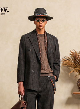 JDV男装经典双排扣西服外套春季新款复古宽松条纹男士西装WMJ50W9