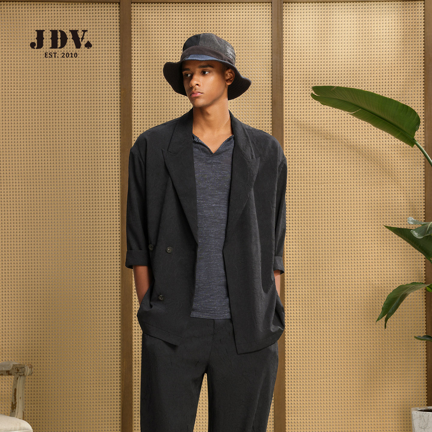 JDV商场同款男士夏季西装套装枪驳领压绉休闲西服外套中袖SMSAS01