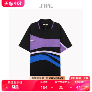 商场同款 JDV男装 新款 休闲T恤上衣SPO3514 夏季 黑色落肩POLO短袖