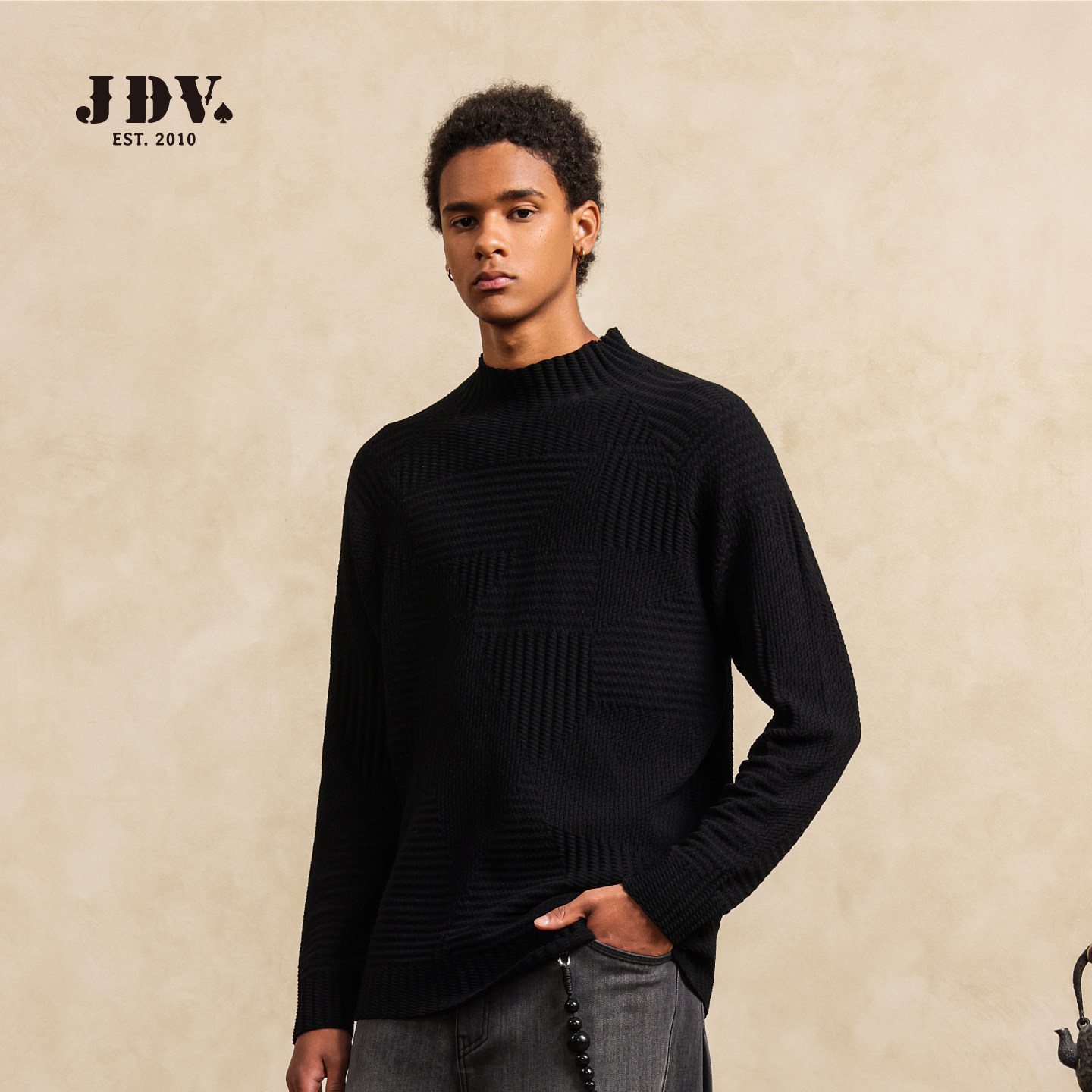 JDV男装黑色毛衣春秋季新款时尚休闲百搭质感中领针织衫WOT5450,男装,针织衫/毛衣,淘宝优惠券,粉丝福利购,淘宝优惠卷