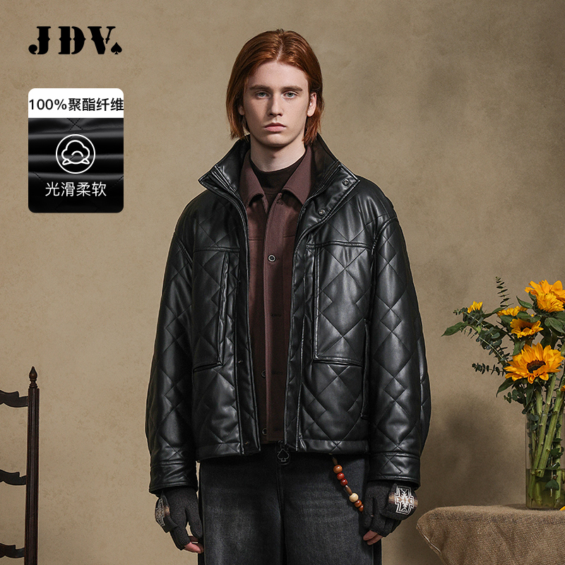 JDV商场同款黑色男士立领皮夹克