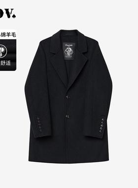 JDV男装商场同款秋冬新款黑色翻领绵羊毛呢大衣外套男士WCO4531