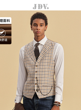 JDV商场同款春秋季新品彩格戗驳领休闲马甲单排扣坎肩SCV4210
