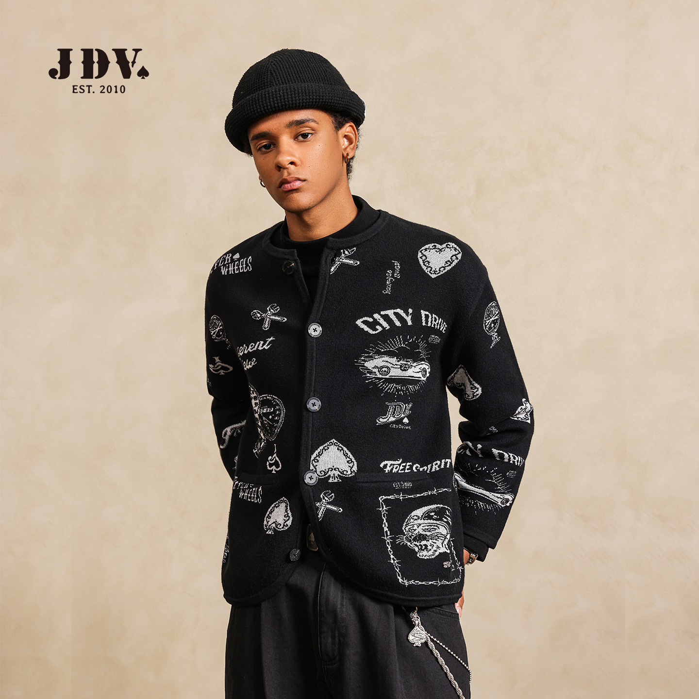 JDV商场同款复古开衫通勤翻领毛衣休闲针织衫外套2025秋季新品