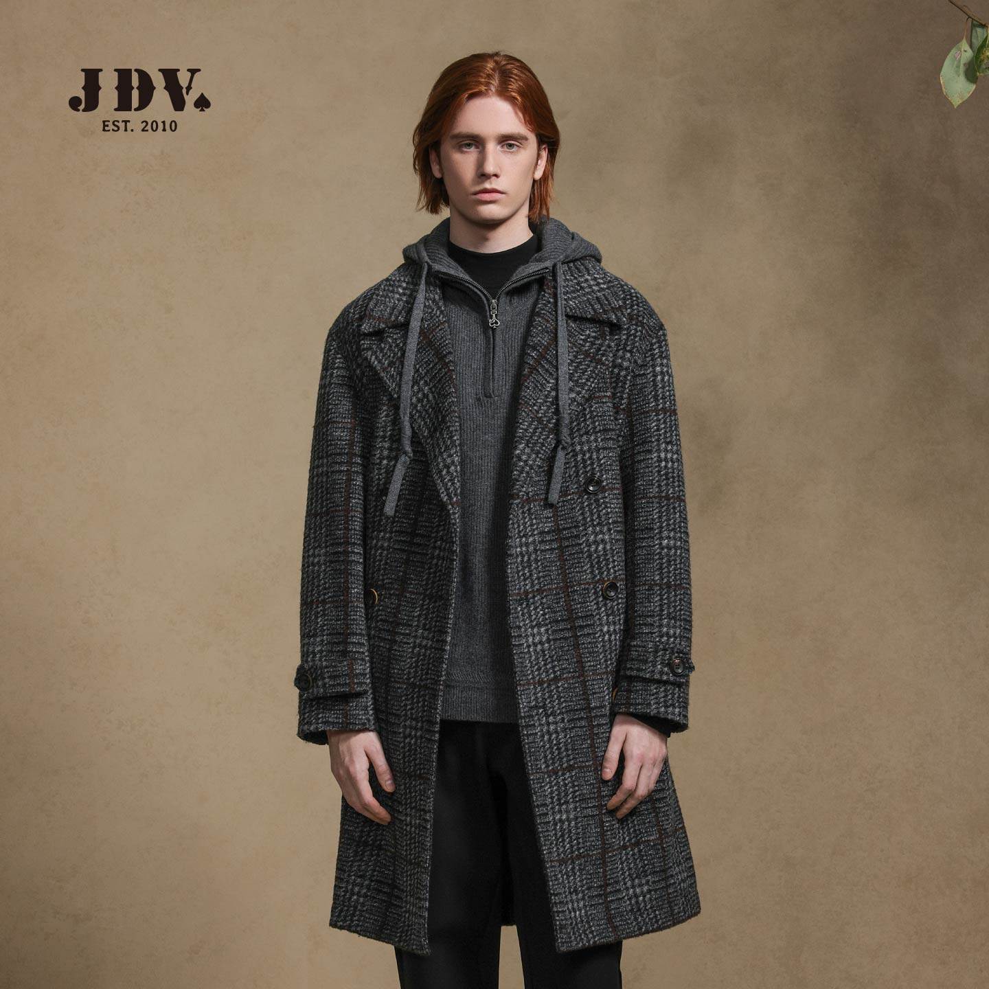JDV商场同款秋冬新款格纹翻领绵羊毛呢大衣宽松外套男装WCO4520,男装,毛呢大衣,淘宝优惠券,粉丝福利购,淘宝优惠卷