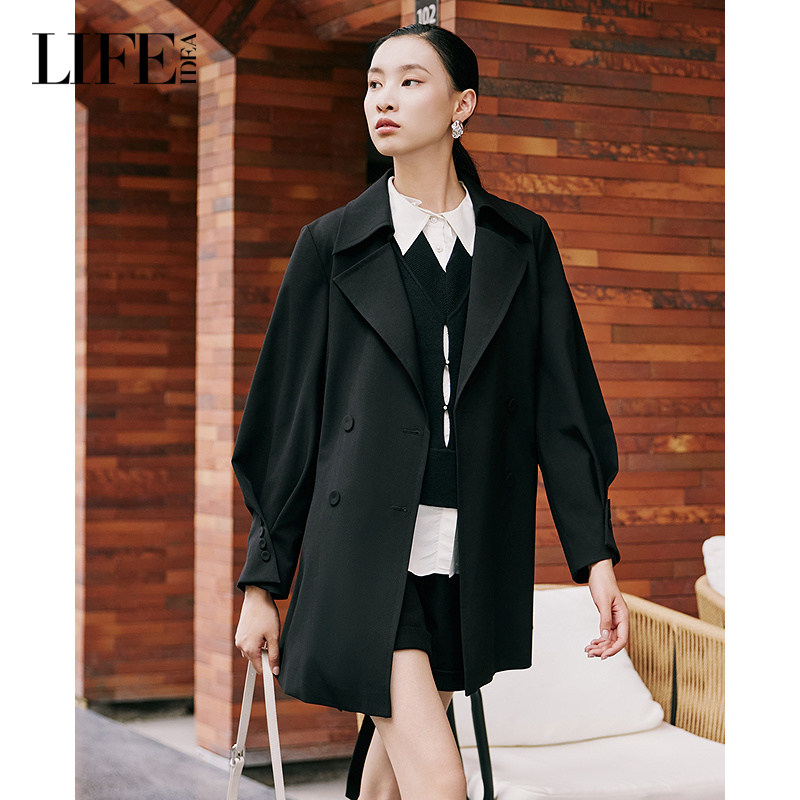 莱芙&middot;艾迪儿黑色简约中长款风衣女2025年秋季宽松直身型显瘦外套