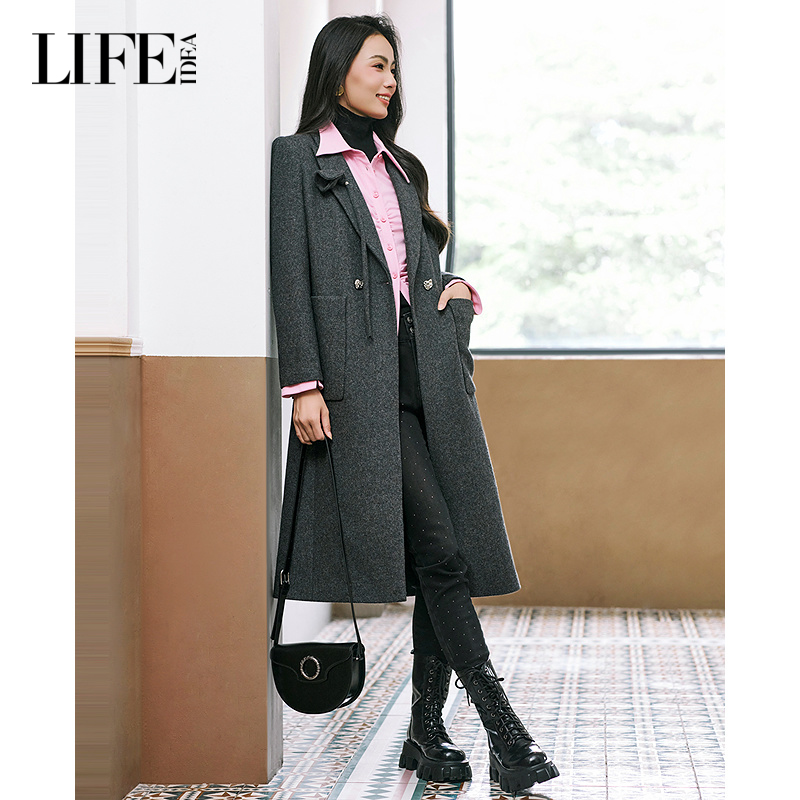 LIFE·IDEA纯羊毛大衣2025年冬季新款中长款双面呢大衣外套女