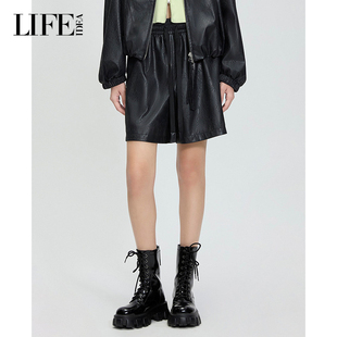 皮裤 哑光质感时尚 高腰松紧腰宽松直筒短裤 LIFE·IDEA黑色皮质短裤