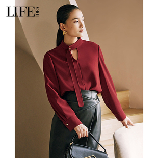 LIFE·IDEA高级感气质飘带镂空衬衫 复古优雅上衣女 女红色法式