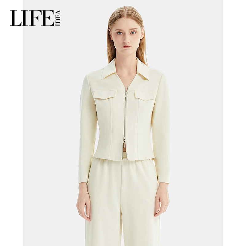 LIFE·IDEA商场同款2025春新品时尚双拉链修身翻领拉链衫女款