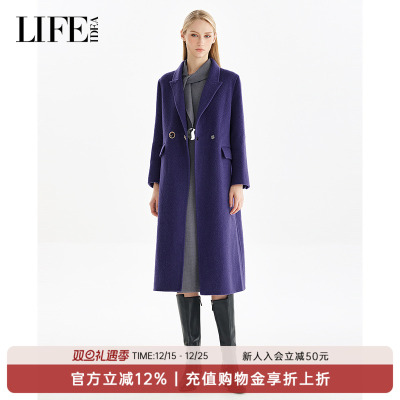 LIFE·IDEA2025冬季新款双排扣羊驼毛混羊毛双面呢中长款大衣女