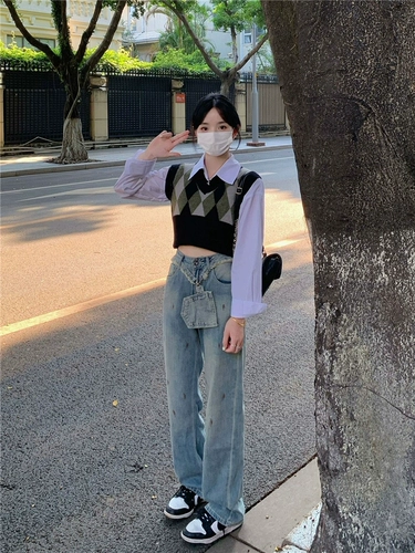 Короткий свитер, осенний жилет, трикотажная рубашка, комплект