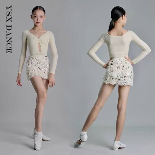 YSX DANCE新款儿童拉丁舞服练功服表演服香槟色羽毛亮片分体套装