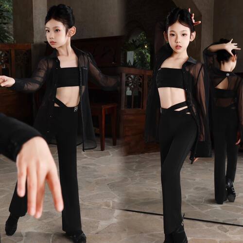 美辰Meichencc少儿拉丁舞网纱衬衫吊带裤子练习服表演服黄泳茵