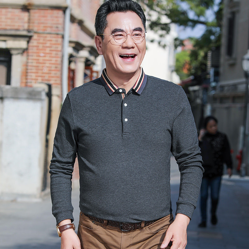 男士春秋纯棉t恤长袖中老年爸爸秋装上衣休闲撞色翻领打底POLO衫