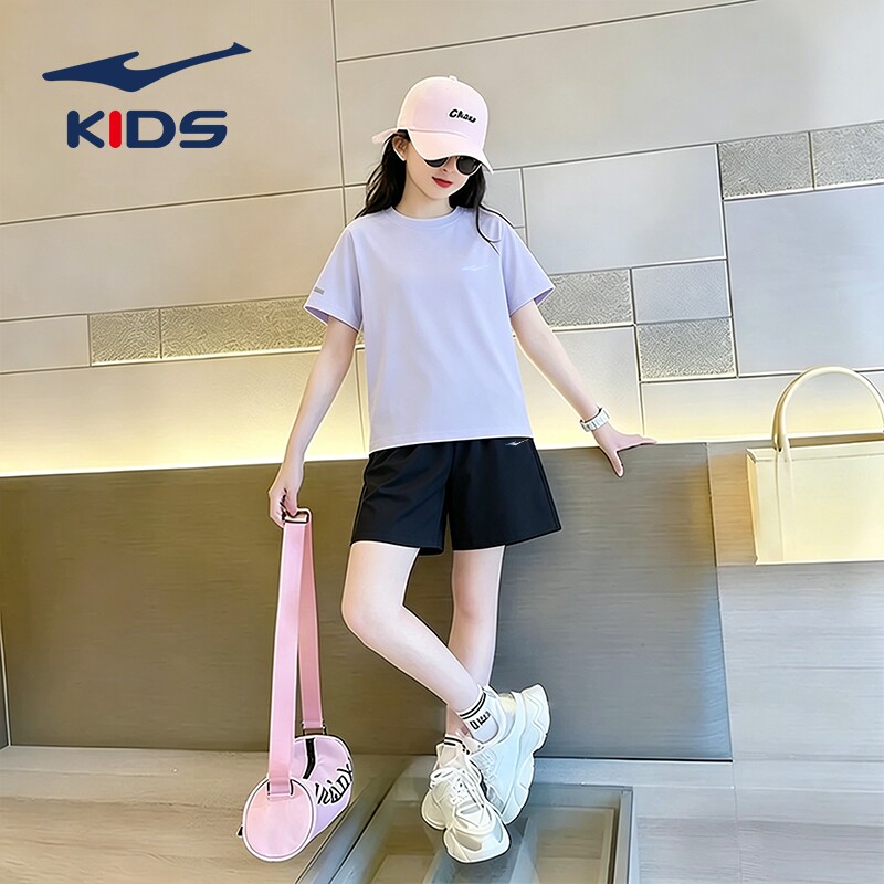 鸿星尔克女童装儿童校园运动套装夏季薄款中大童透气速干短袖短裤