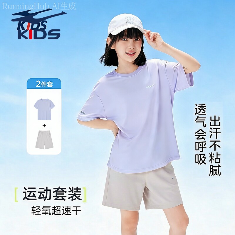 鸿星尔克女童装儿童跑步运动套装夏季中大童训练速干短袖短裤防晒