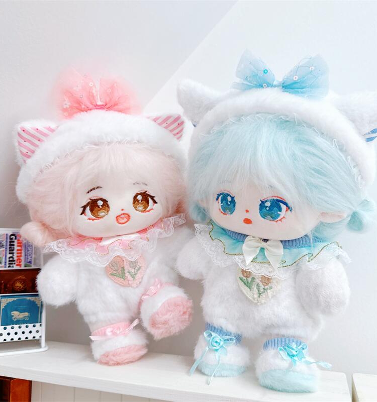现货20cm棉花娃娃毛绒玩具娃衣服白色糯叽叽小猫连体衣爬爬服换装