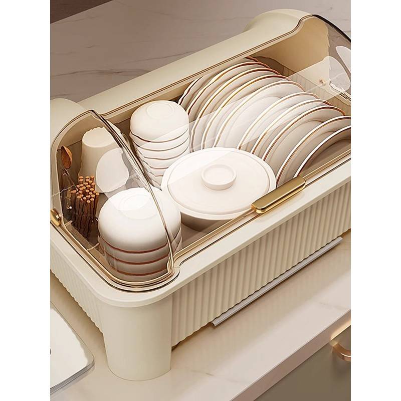 碗筷收纳盒放碗碟收纳架厨房家用多功能带盖沥水置物架碗柜收纳箱