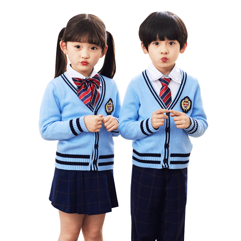 儿童春季演出服小学生浅蓝色男女毛衣开衫上衣英伦风针织班服合唱