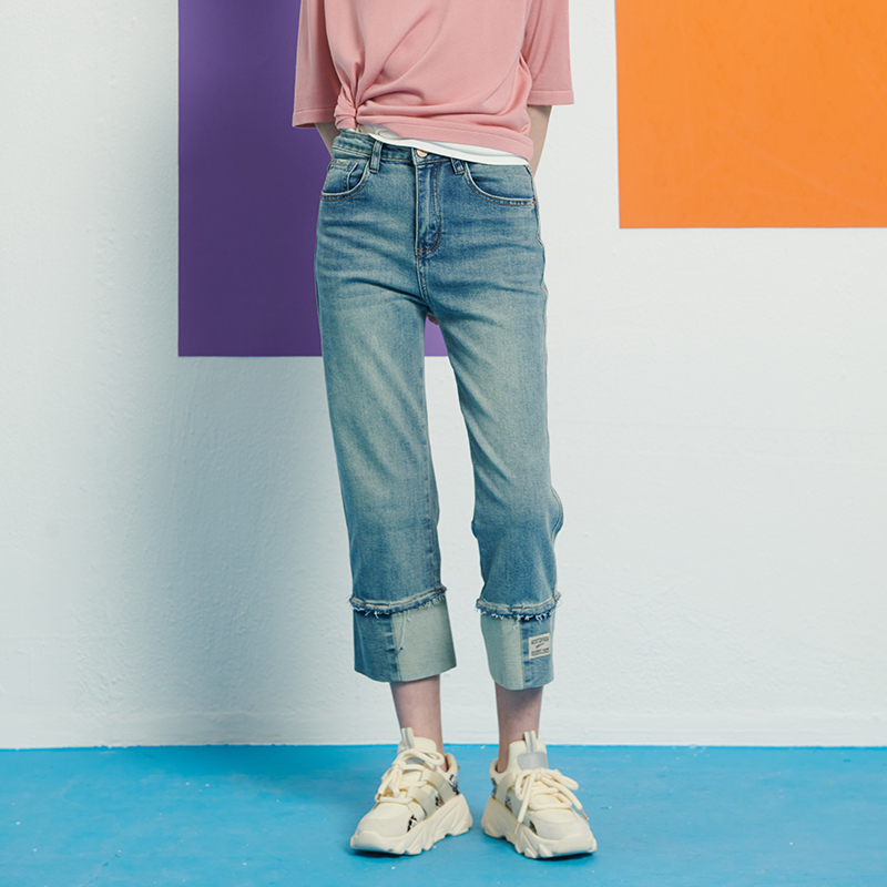 UGIZ微喇九分脚口拼接显瘦牛仔裤