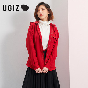 UGIZ春季新品韩版女装纯色时尚直筒长袖连帽衬衫女UASE903