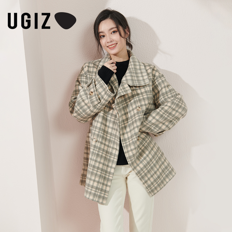 UGIZ2021冬季新品韩版女装气质复古格子双面毛呢大衣女UDHE806-封面