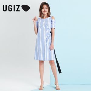 UGIZ夏季新品韩版女装条纹中长裙显瘦收腰露肩连衣裙女UBOD908