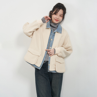 休闲牛仔拼接假两件翻领外套女UDUH909 韩版 UGIZ2024年冬季 新品