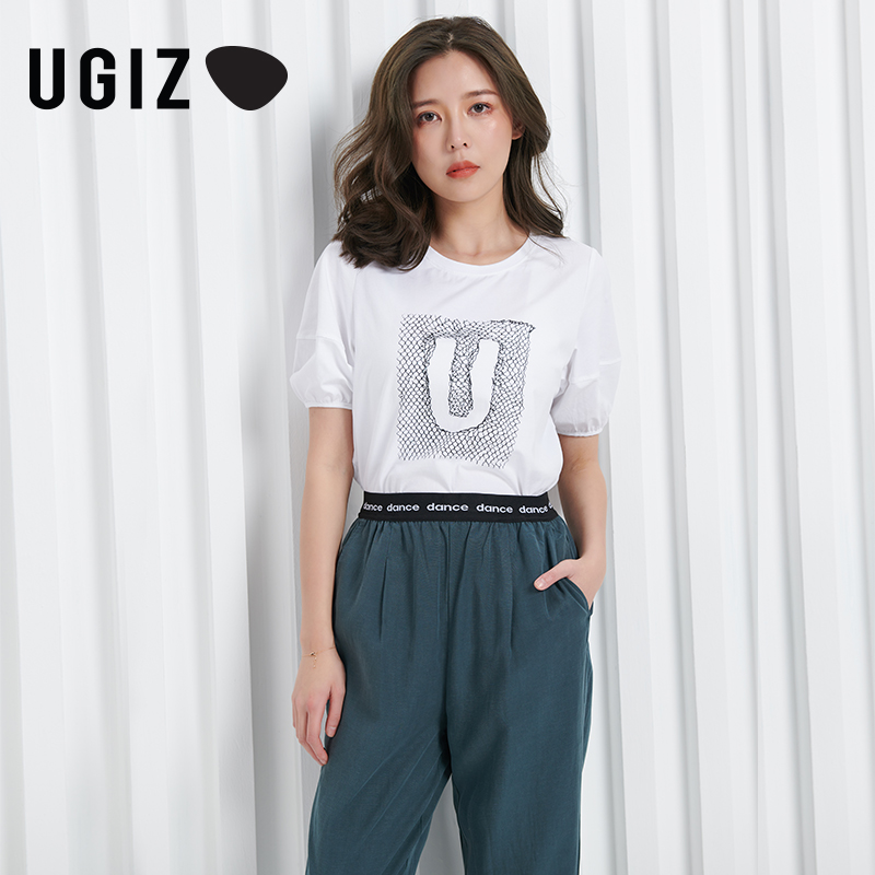 UGIZ商场同款2022夏季新品韩版女装休闲字母烫钻短袖女UBTF902
