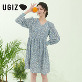 2022春季 新品 韩版 UGIZ商场同款 女装 清新V领碎花连衣裙女UAOF905