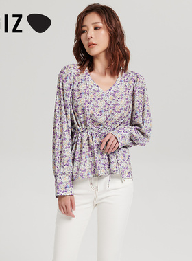 UGIZ夏季新品韩版女装时尚碎花修身腰间抽绳V领衬衫女UBSE903