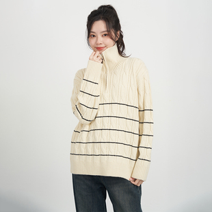 宽松休闲拉链半开领条纹针织衫 韩版 女UDWH870 新品 UGIZ2024年冬季