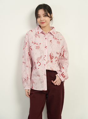 UGIZ2024年秋季新品韩版字母涂鸦条纹印花宽松休闲衬衫女UCSH859