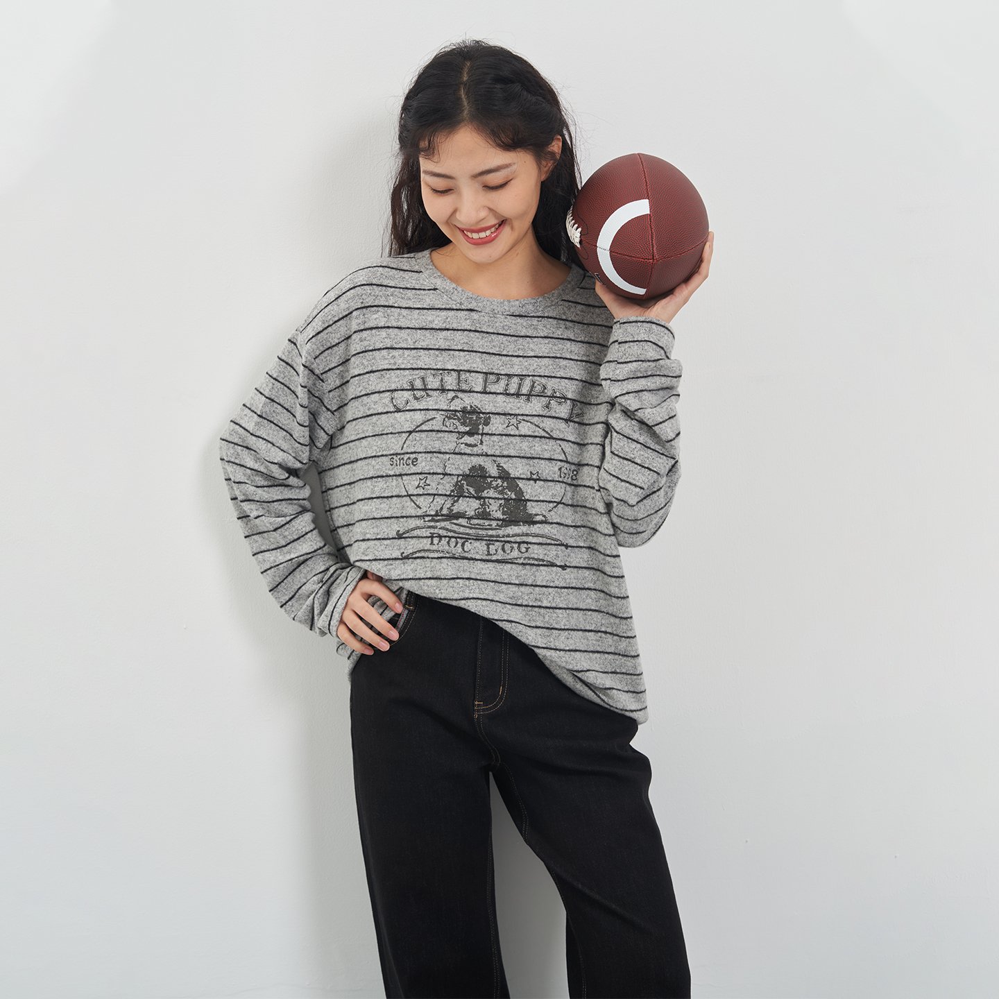 韩版条纹印花宽松长袖T恤