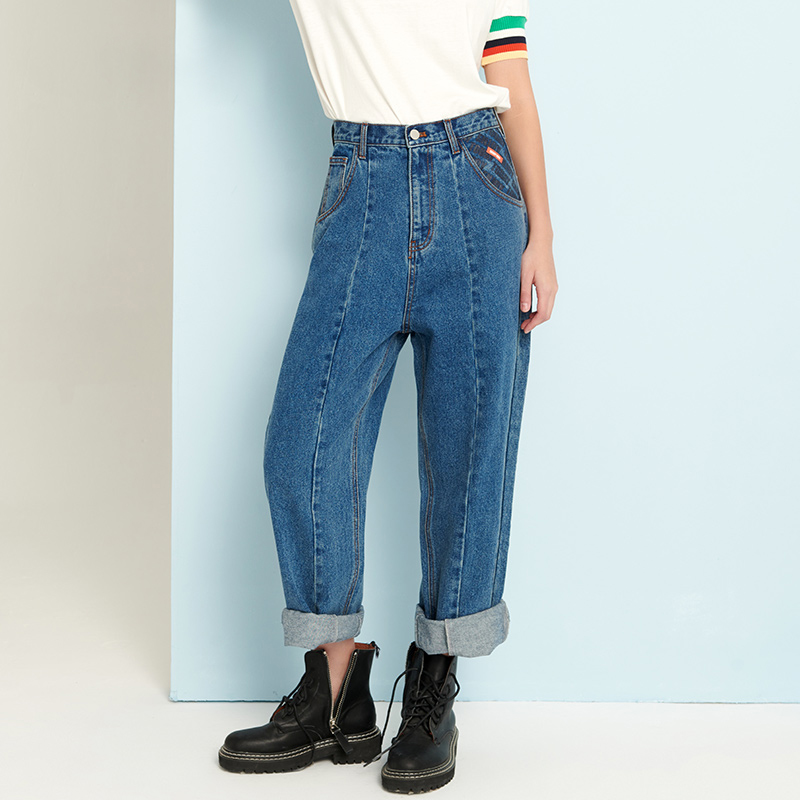 UGIZ韩版高腰直筒牛仔裤显瘦垮裤