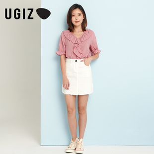 UGIZ春秋季新品韩版女装荷叶边V领短袖纯色休闲简约衬衫女UCSD502