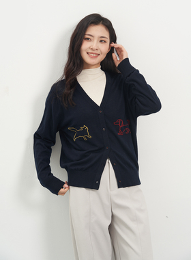 UGIZ2025年冬季新品商场同款韩版卡通刺绣V领针织开衫女UDDJ812