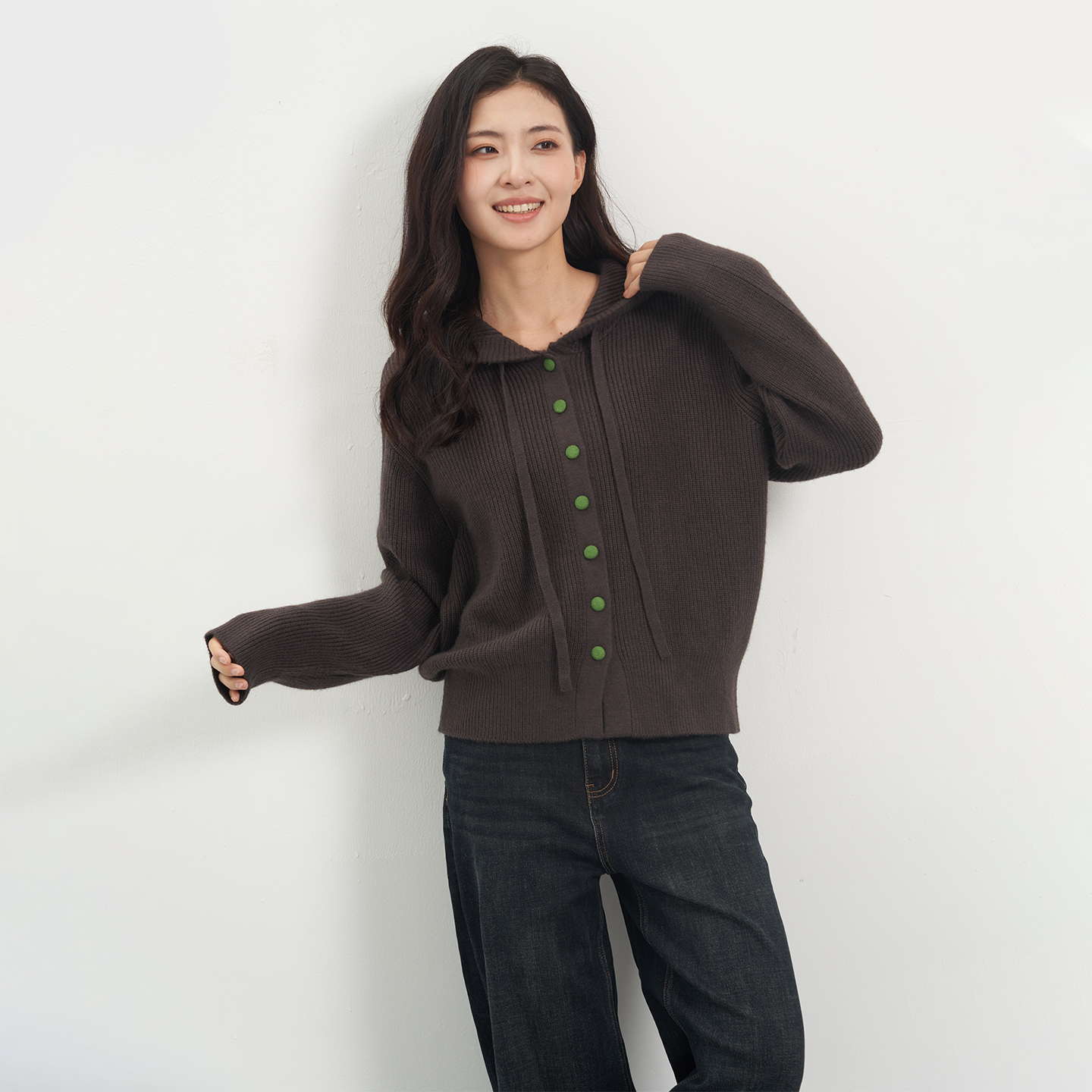 韩版宽松休闲连帽针织开衫