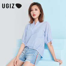 UGIZ夏季新品韩版女装V领T恤暗条纹简约泡泡短袖衬衫女UBSD909